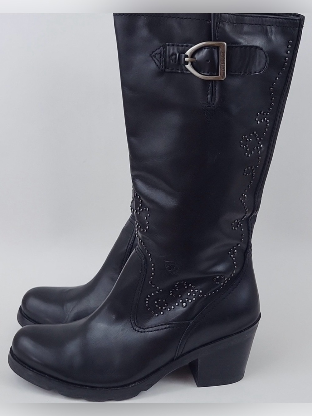 Ariat Silver Metallic Stud Grunge Western 8 Black Leather Moto Boot Indie Sleaze